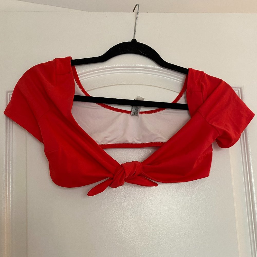 Solid & Striped Red Tie-Front Swimsuit Top with Sleeves